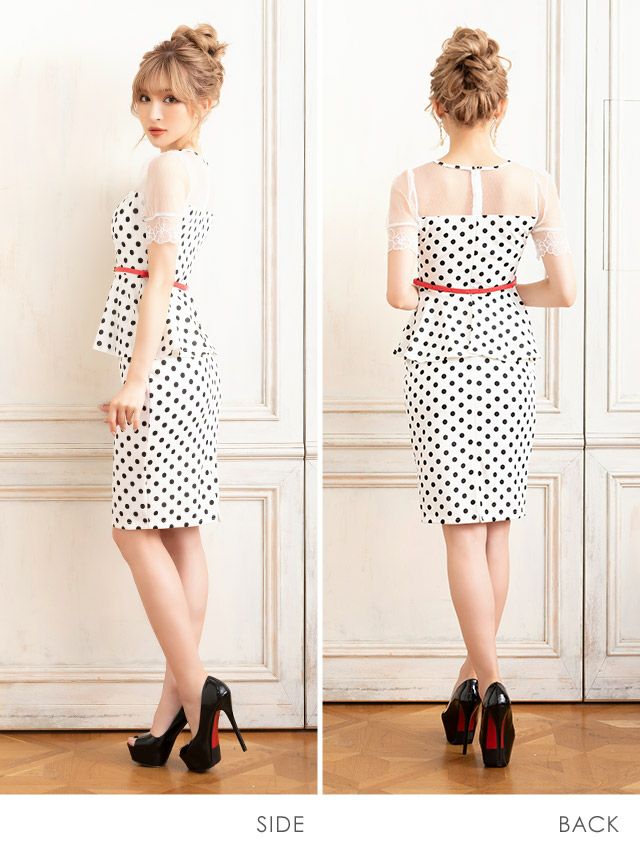 キャバドレス ミディアムドレス タイト セクシー 袖あり 大きいサイズ Tika ティカ ウエストベルト付き半袖シアー切り替えドット柄膝丈ペプラムドレス