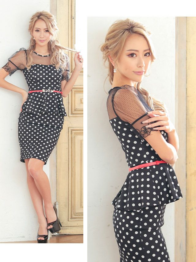キャバドレス ミディアムドレス タイト セクシー 袖あり 大きいサイズ Tika ティカ ウエストベルト付き半袖シアー切り替えドット柄膝丈ペプラムドレス