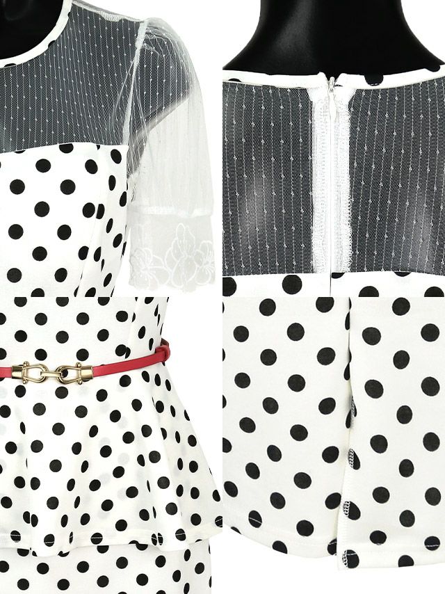 キャバドレス ミディアムドレス タイト セクシー 袖あり 大きいサイズ Tika ティカ ウエストベルト付き半袖シアー切り替えドット柄膝丈ペプラムドレス