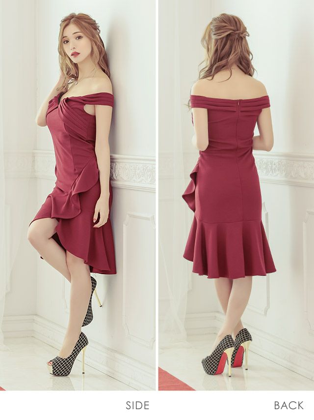 キャバドレス タイト ミディアムドレス オフショル セクシー シンプル マーメイドドレス Tika ティカ オフショルダーギャザー膝丈マーメイドテールフリルドレス