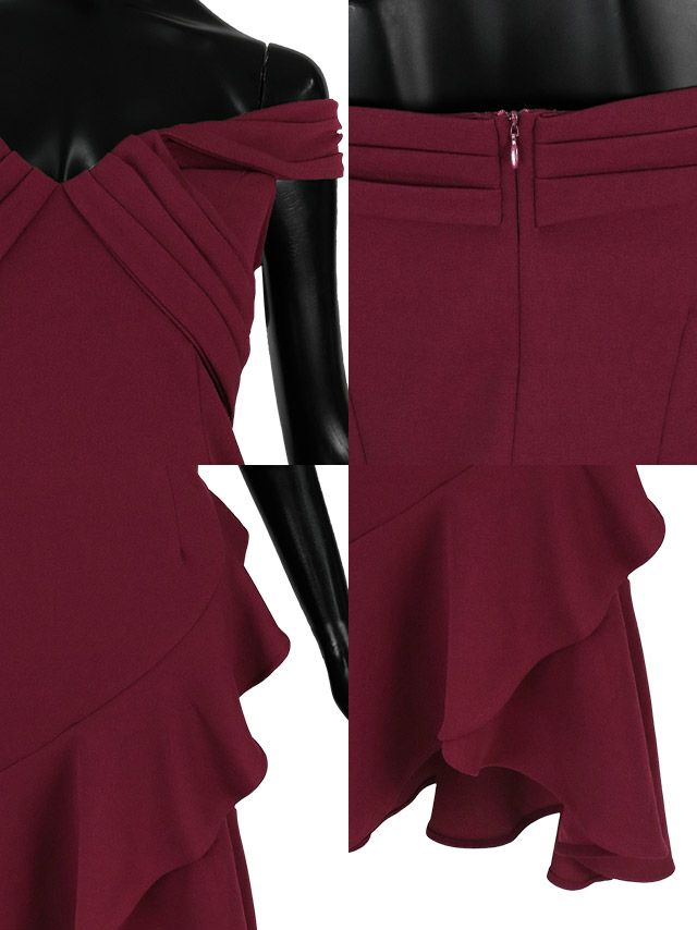 キャバドレス タイト ミディアムドレス オフショル セクシー シンプル マーメイドドレス Tika ティカ オフショルダーギャザー膝丈マーメイドテールフリルドレス