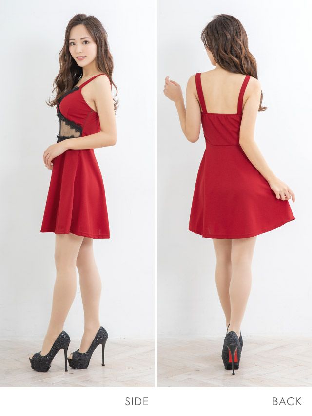 キャバドレス ミニドレス Aライン 大きいサイズ セクシー Tika ティカ ウエストレースシアーカットアウトデザインフレアキャミミニドレス