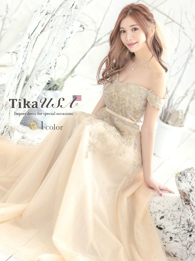 LA直輸入 オフショルダービジューレースゴージャスフレアチュールロングバースデードレス (XSサイズ Sサイズ) (みゆう キャバドレス着用)