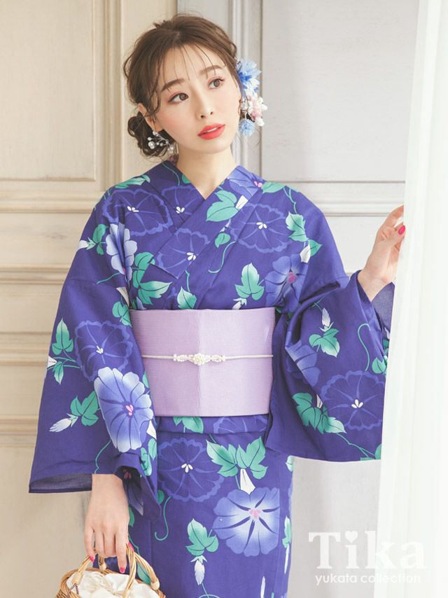 浴衣 大人 セット レディース レトロ 花火大会 作り帯 Tika ティカ 紺地に咲く朝顔 ゆかた3点セット