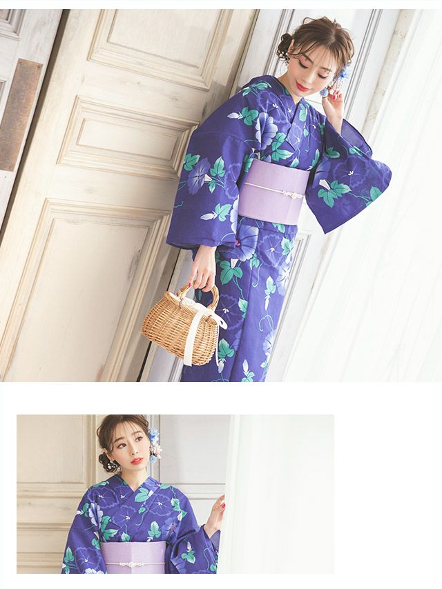 浴衣 大人 セット レディース レトロ 花火大会 作り帯 Tika ティカ 紺地に咲く朝顔 ゆかた3点セット