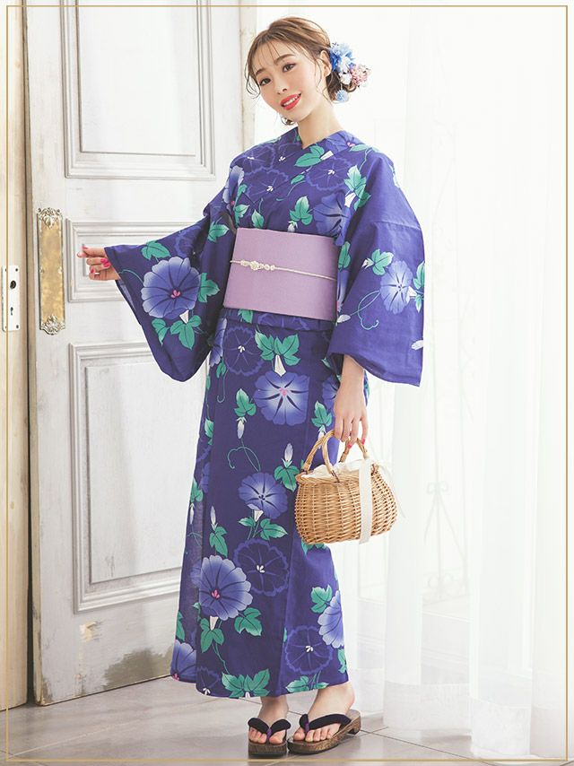 浴衣 大人 セット レディース レトロ 花火大会 作り帯 Tika ティカ 紺地に咲く朝顔 ゆかた3点セット