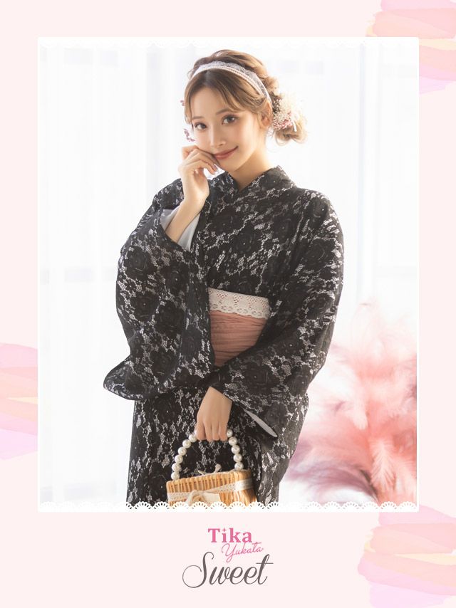 浴衣 レディース セット 帯 下駄 兵児帯 しわへこ 可愛い 黒 Tika ティカ ブラックフラワーオールレース ゆかた3点セット