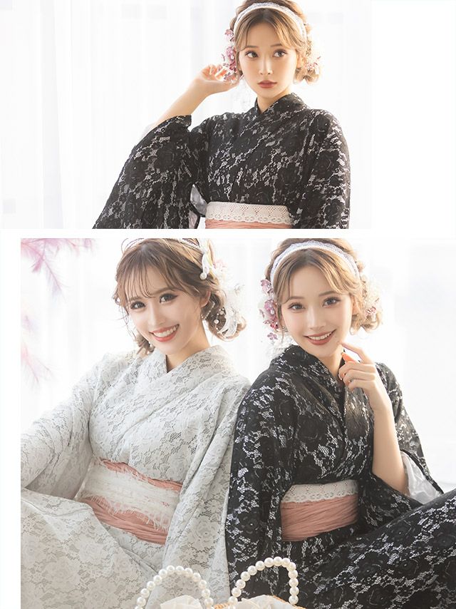 浴衣 レディース セット 帯 下駄 兵児帯 しわへこ 可愛い 黒 Tika ティカ ブラックフラワーオールレース ゆかた3点セット