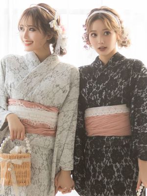 浴衣 レディース セット 帯 下駄 兵児帯 しわへこ 可愛い 黒 Tika ティカ ブラックフラワーオールレース ゆかた3点セット