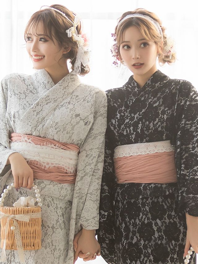 浴衣 レディース セット 帯 下駄 兵児帯 しわへこ 可愛い 黒 Tika ティカ ブラックフラワーオールレース ゆかた3点セット