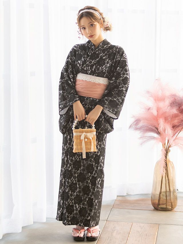 浴衣 レディース セット 帯 下駄 兵児帯 しわへこ 可愛い 黒 Tika ティカ ブラックフラワーオールレース ゆかた3点セット