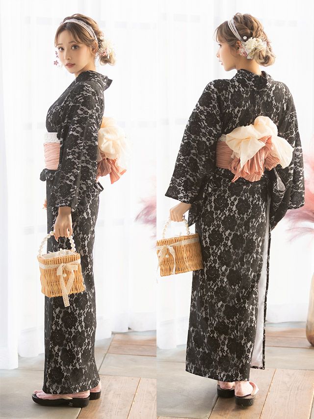浴衣 レディース セット 帯 下駄 兵児帯 しわへこ 可愛い 黒 Tika ティカ ブラックフラワーオールレース ゆかた3点セット