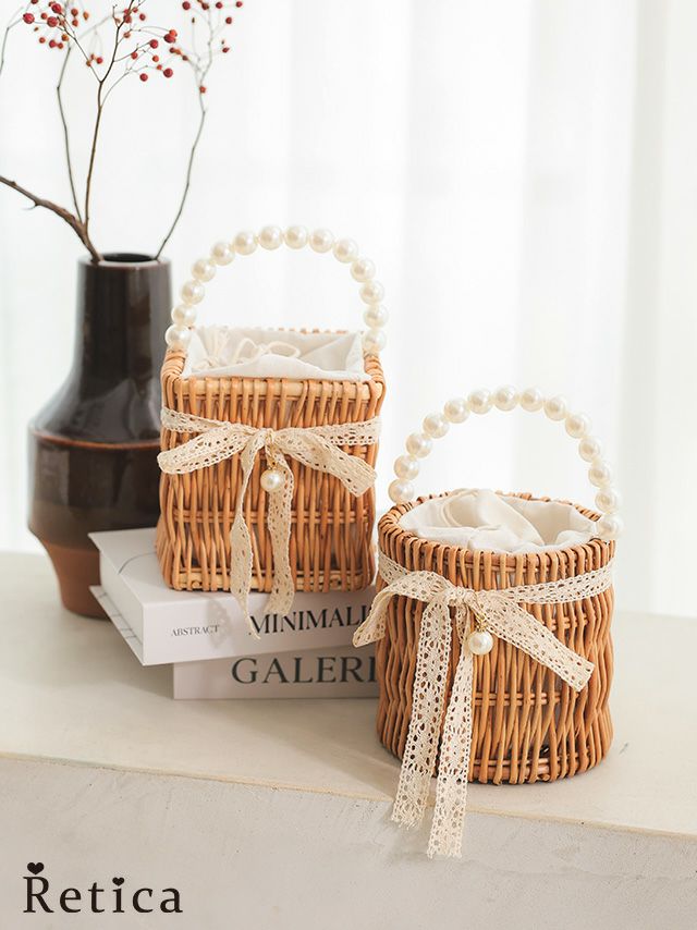 バッグ かごバッグ 鞄 浴衣バッグ 和装 和服 ミニバッグ ハンドバッグ Tika ティカ 選べるラウンド型&スクエア型レースリボン付きパールハンドルかごバッグ