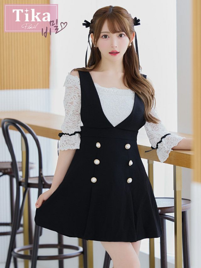 キャバドレス 韓国 七分袖 大きいサイズ Tika ティカ モノトーン袖ありレースガーリースタイルハイウエスト切替フレアミニドレス