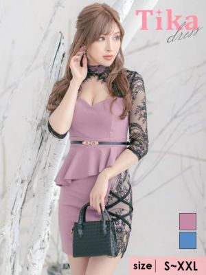 ヌーディーレース バストカット 袖あり 七分袖 サイドクロス ペプラム 谷間魅せ レーススリット タイトミニドレス (Sサイズ～XXLサイズ) (ゆんころ/キャバドレス着用)