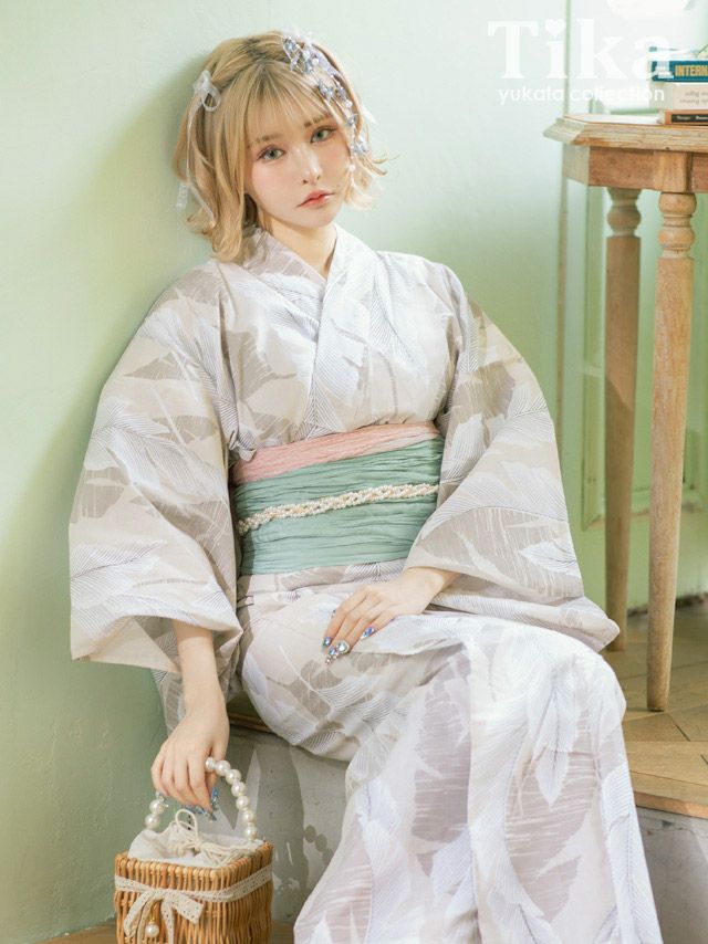 浴衣 レディース セット 帯 下駄 兵児帯 和装 可愛い レトロ Tika ティカ ベージュ地×ニュアンスリーフ ゆかた3点セット