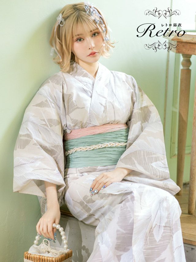 浴衣 レディース セット 帯 下駄 兵児帯 和装 可愛い レトロ Tika ティカ ベージュ地×ニュアンスリーフ ゆかた3点セット