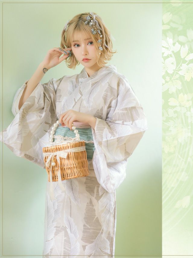 浴衣 レディース セット 帯 下駄 兵児帯 和装 可愛い レトロ Tika ティカ ベージュ地×ニュアンスリーフ ゆかた3点セット