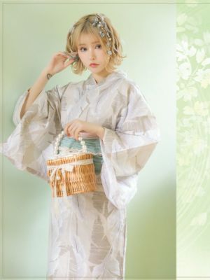 浴衣 レディース セット 帯 下駄 兵児帯 和装 可愛い レトロ Tika ティカ ベージュ地×ニュアンスリーフ ゆかた3点セット