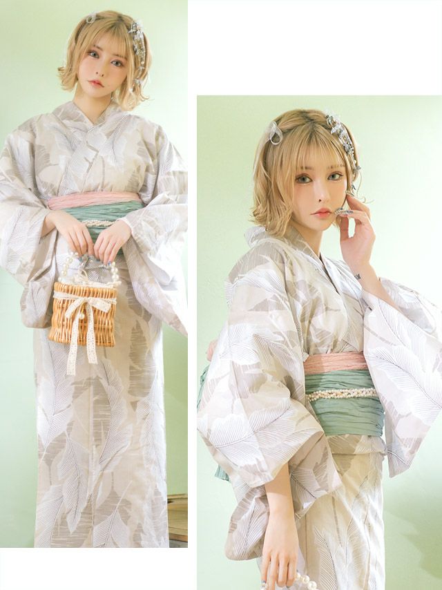 浴衣 レディース セット 帯 下駄 兵児帯 和装 可愛い レトロ Tika ティカ ベージュ地×ニュアンスリーフ ゆかた3点セット