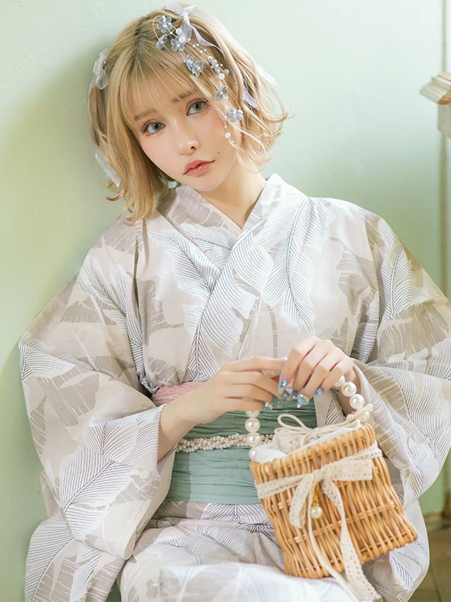 浴衣 レディース セット 帯 下駄 兵児帯 和装 可愛い レトロ Tika ティカ ベージュ地×ニュアンスリーフ ゆかた3点セット