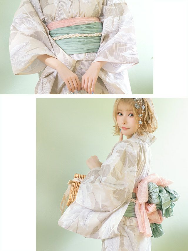 浴衣 レディース セット 帯 下駄 兵児帯 和装 可愛い レトロ Tika ティカ ベージュ地×ニュアンスリーフ ゆかた3点セット