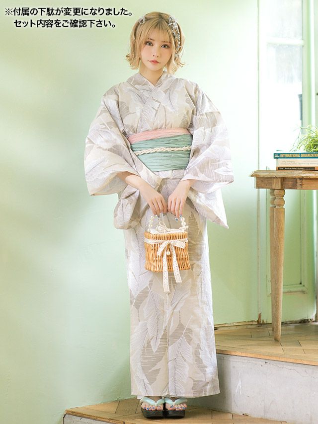 浴衣 レディース セット 帯 下駄 兵児帯 和装 可愛い レトロ Tika ティカ ベージュ地×ニュアンスリーフ ゆかた3点セット