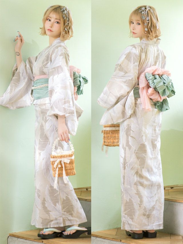 浴衣 レディース セット 帯 下駄 兵児帯 和装 可愛い レトロ Tika ティカ ベージュ地×ニュアンスリーフ ゆかた3点セット