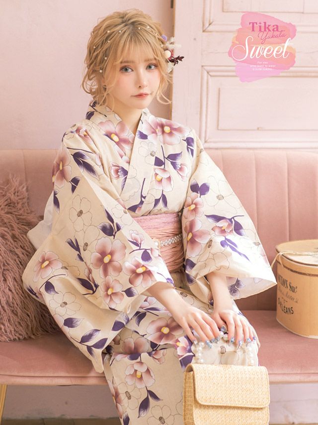 浴衣 セット レディース 帯 下駄 兵児帯 しわへこ 和装 レトロ 可愛い Tika ティカ ニュアンスカラー×華やか椿 ゆかた3点セット