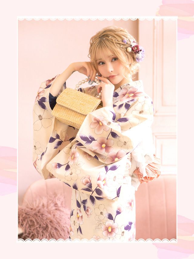 浴衣 セット レディース 帯 下駄 兵児帯 しわへこ 和装 レトロ 可愛い Tika ティカ ニュアンスカラー×華やか椿 ゆかた3点セット