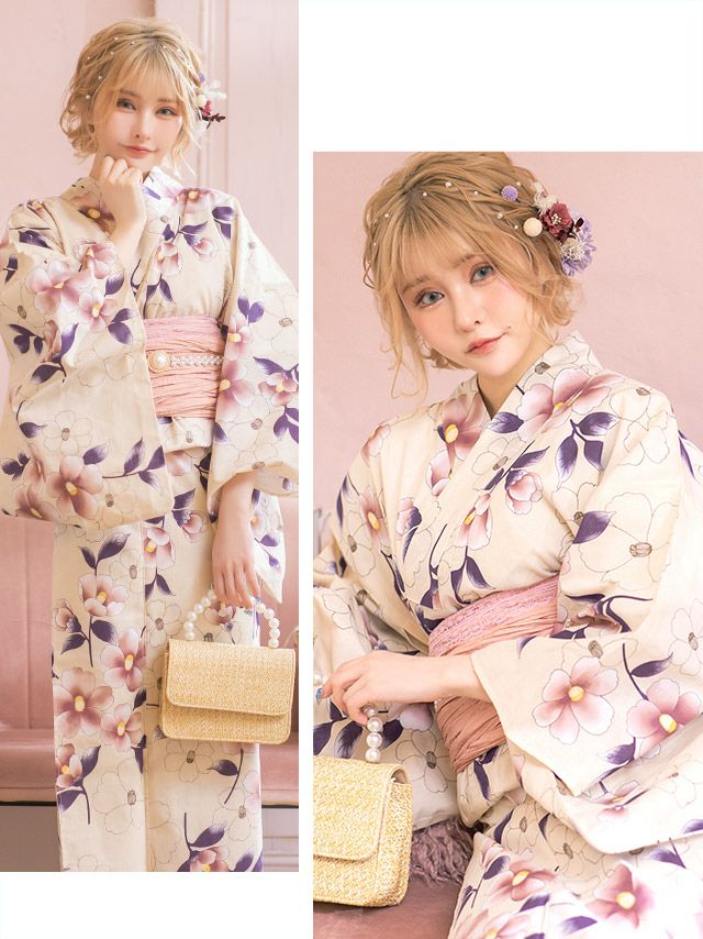 浴衣 セット レディース 帯 下駄 兵児帯 しわへこ 和装 レトロ 可愛い Tika ティカ ニュアンスカラー×華やか椿 ゆかた3点セット