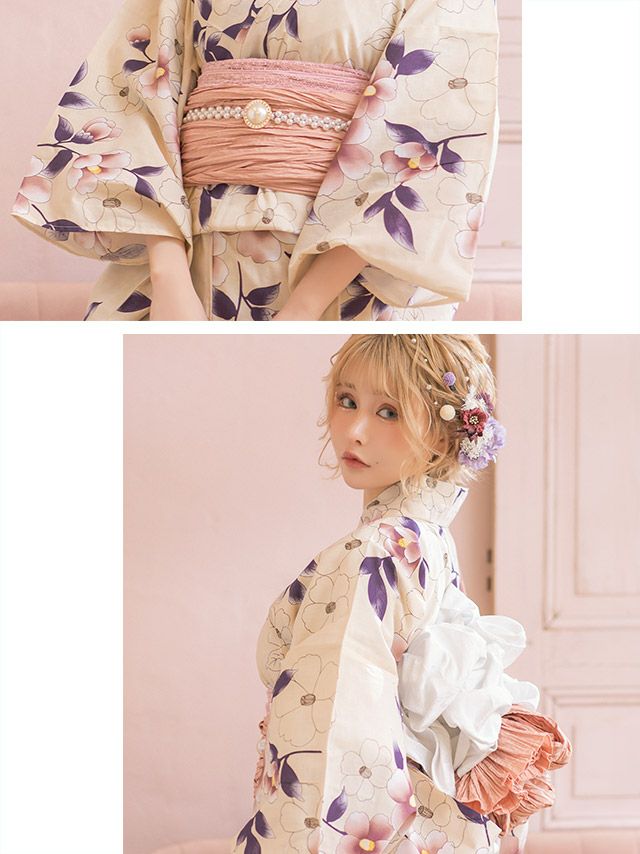 浴衣 セット レディース 帯 下駄 兵児帯 しわへこ 和装 レトロ 可愛い Tika ティカ ニュアンスカラー×華やか椿 ゆかた3点セット