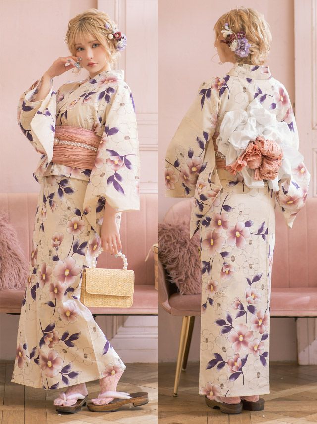浴衣 セット レディース 帯 下駄 兵児帯 しわへこ 和装 レトロ 可愛い Tika ティカ ニュアンスカラー×華やか椿 ゆかた3点セット
