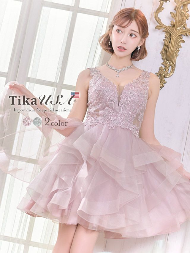 LA直輸入 エアリー刺繍レース×ビジューチュールAラインミニバースデードレス (XSサイズ～Mサイズ) (明日花キララ キャバドレス着用)