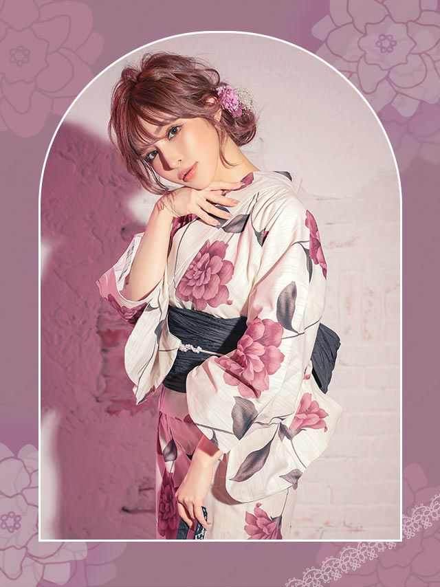 浴衣 レディース セット 帯 下駄 兵児帯 しわへこ 和装 レトロ Tika ティカ ベージュ地にヌーディーピンクフラワー ゆかた3点セット