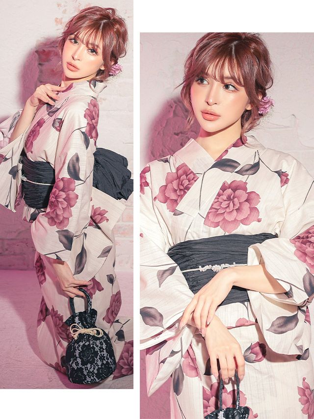 浴衣 レディース セット 帯 下駄 兵児帯 しわへこ 和装 レトロ Tika ティカ ベージュ地にヌーディーピンクフラワー ゆかた3点セット