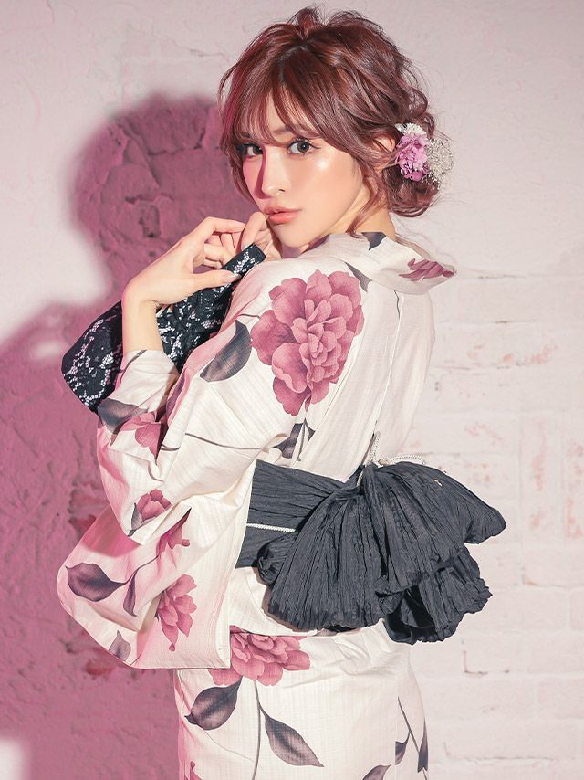 浴衣 レディース セット 帯 下駄 兵児帯 しわへこ 和装 レトロ Tika ティカ ベージュ地にヌーディーピンクフラワー ゆかた3点セット