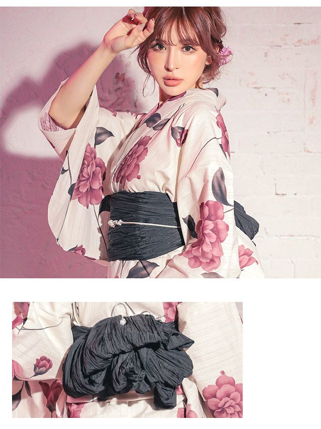 SALE [浴衣] 妖艶 ベージュ地にヴィンテージフラワー 3点セット (ゆかた・兵児帯・下駄)