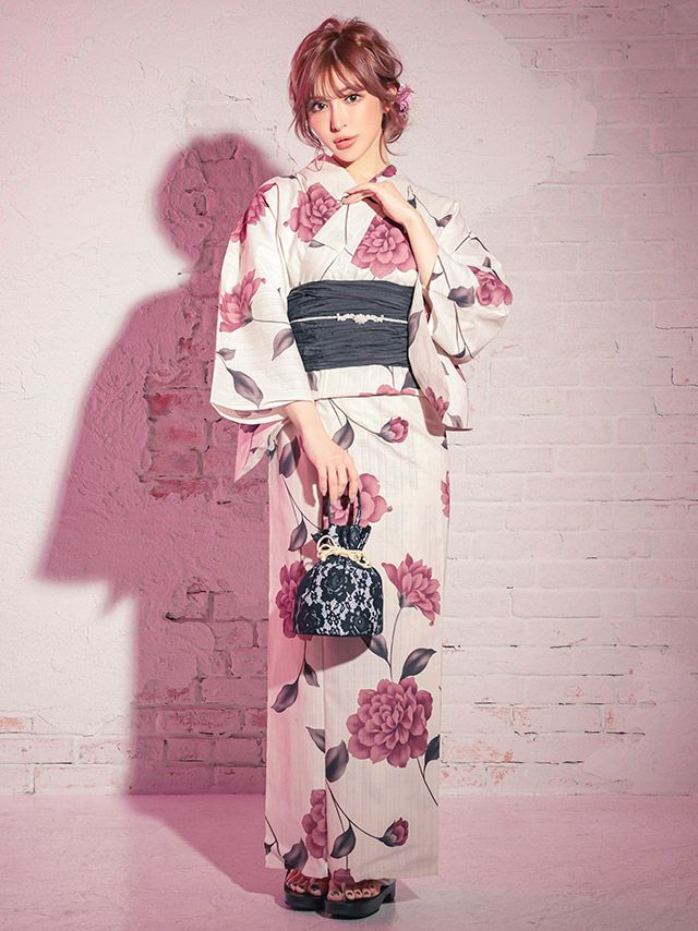 浴衣 レディース セット 帯 下駄 兵児帯 しわへこ 和装 レトロ Tika ティカ ベージュ地にヌーディーピンクフラワー ゆかた3点セット