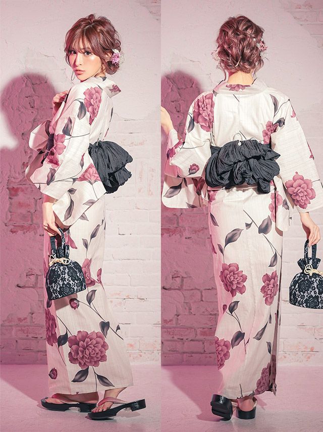 浴衣 レディース セット 帯 下駄 兵児帯 しわへこ 和装 レトロ Tika ティカ ベージュ地にヌーディーピンクフラワー ゆかた3点セット