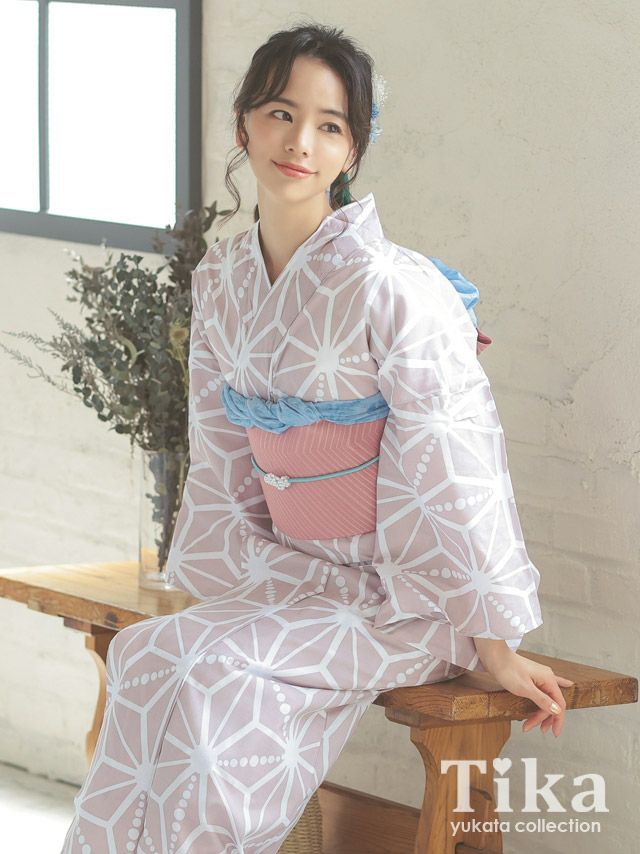 浴衣 レディース セット 帯 下駄 作り帯 レトロ 可愛い 古典 和装 Tika ティカ 変わり生地に麻の葉模様 ゆかた3点セット