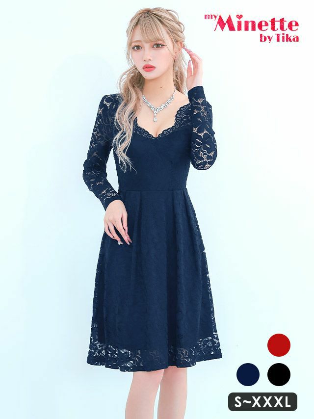 オールレース長袖ハイウエスト切替プチプラ膝丈フレアドレス