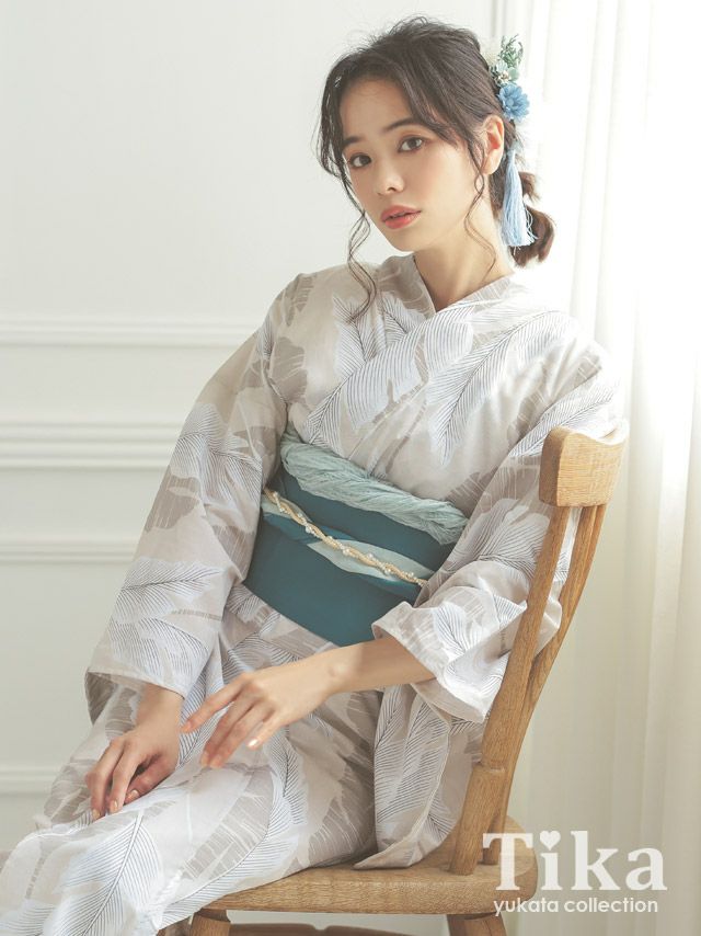 浴衣 セット レディース 帯 下駄 平帯 作り帯 Tika ティカ レトロ ベージュ地にホワイトリーフ ゆかた3点セット