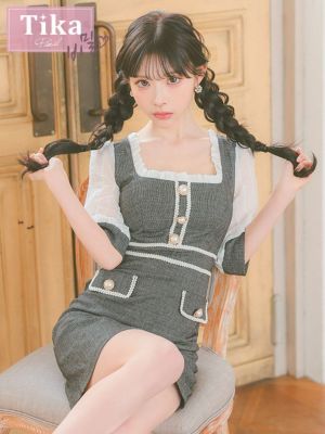 [韓国ドレス] 袖あり パフスリーブ スクエ...