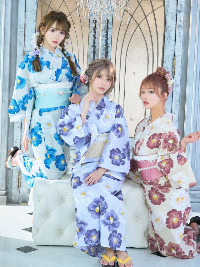 浴衣 レディース セット 帯 下駄 平帯 作り帯 和装 和服 レトロ Tika ティカ SWEET ニュアンスカラー×グラデーション椿 ゆかた3点セット