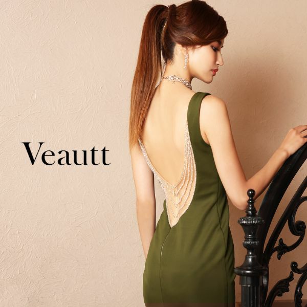 Veautt ヴュート 高級バックVラインビジューノースリーブ膝丈ドレス