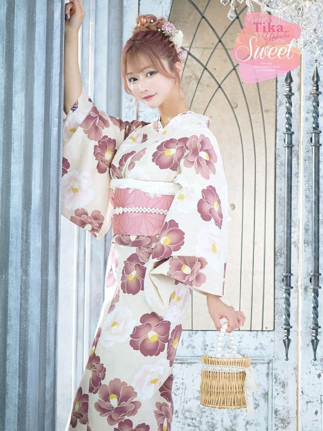 浴衣 選べる帯] SWEET ニュアンスベージュ地×華やか椿 ゆかた3点セット 