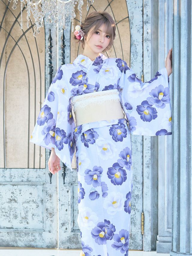 浴衣 レディース セット 帯 下駄 平帯 作り帯  和装 和服 Tika ティカ SWEET ニュアンスカラー×紫椿 ゆかた3点セット