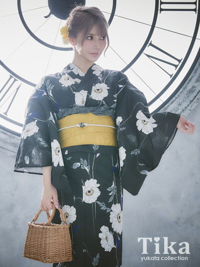 浴衣 レディース セット 帯 下駄 作り帯 平帯 和装 モダン 和服 Tika ティカ レトロ 黒地×ホワイトポピー ゆかた3点セット