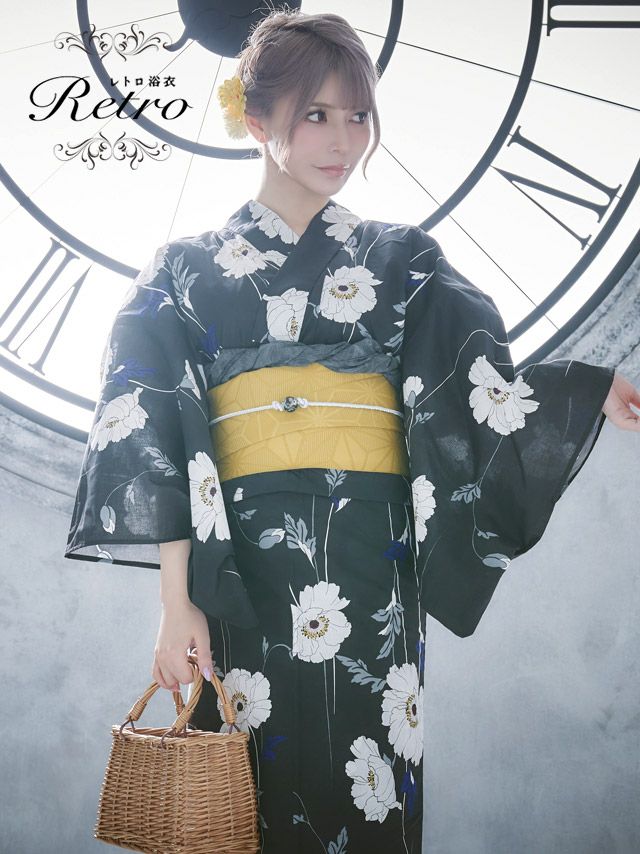 浴衣 レディース セット 帯 下駄 作り帯 平帯 和装 モダン 和服 Tika ティカ レトロ 黒地×ホワイトポピー ゆかた3点セット